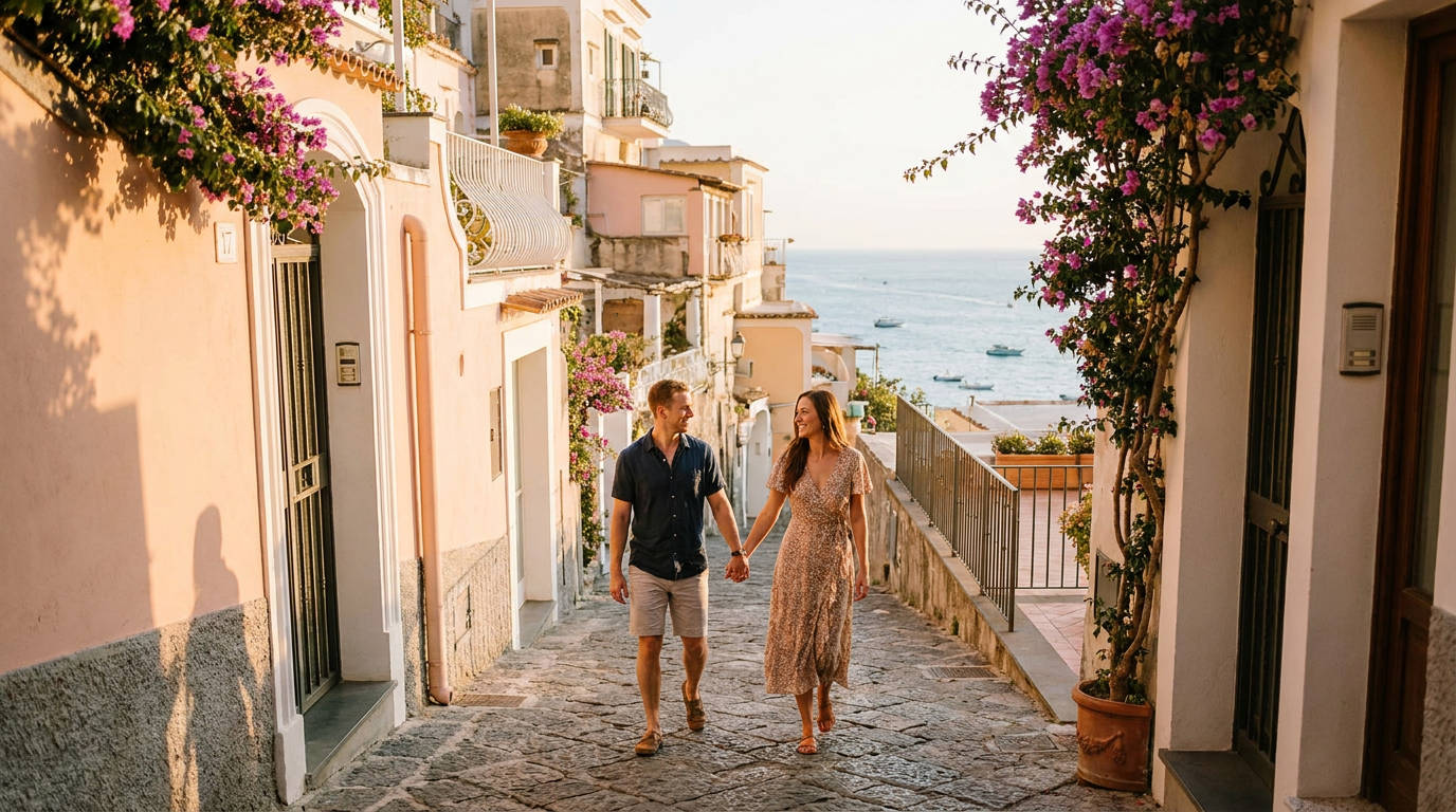 Couple walking through the colorful streets of Positano on the Amalfi Coast
