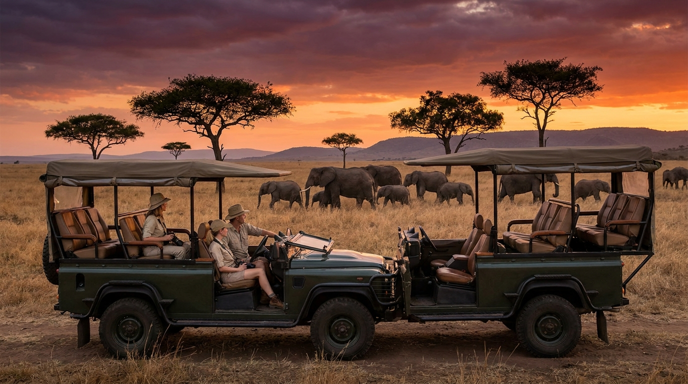 Luxury African safari, couple watching elephants at golden hour