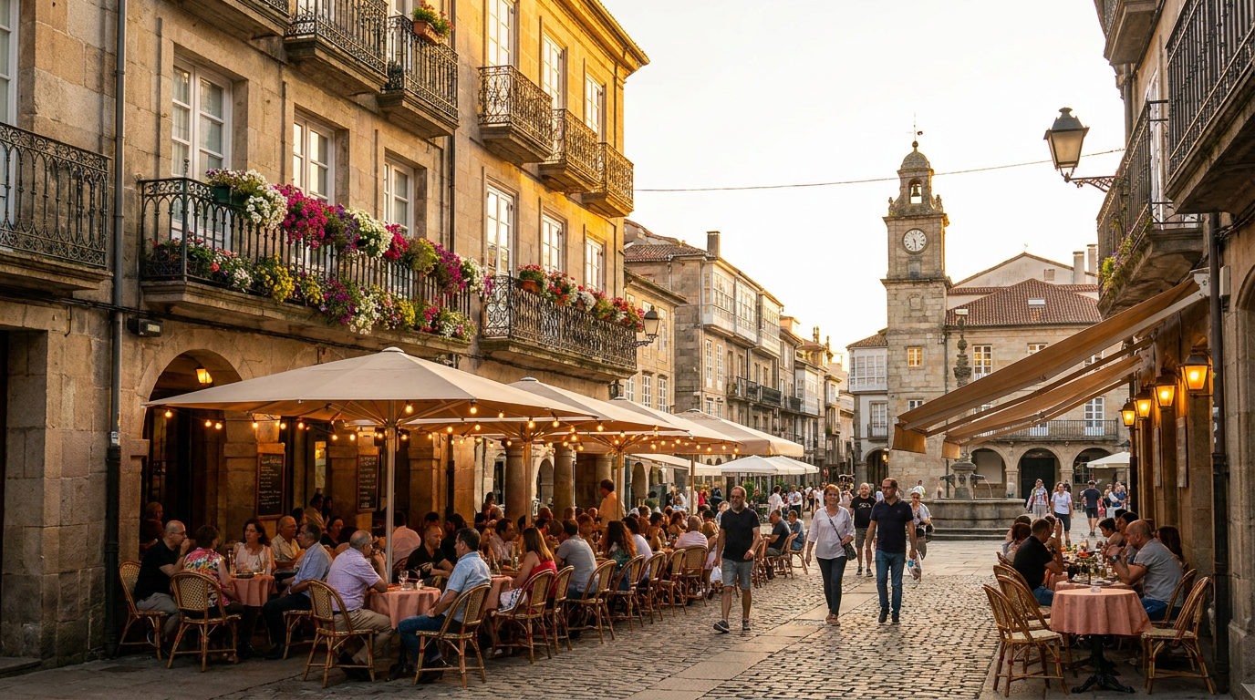 European city square at golden hour