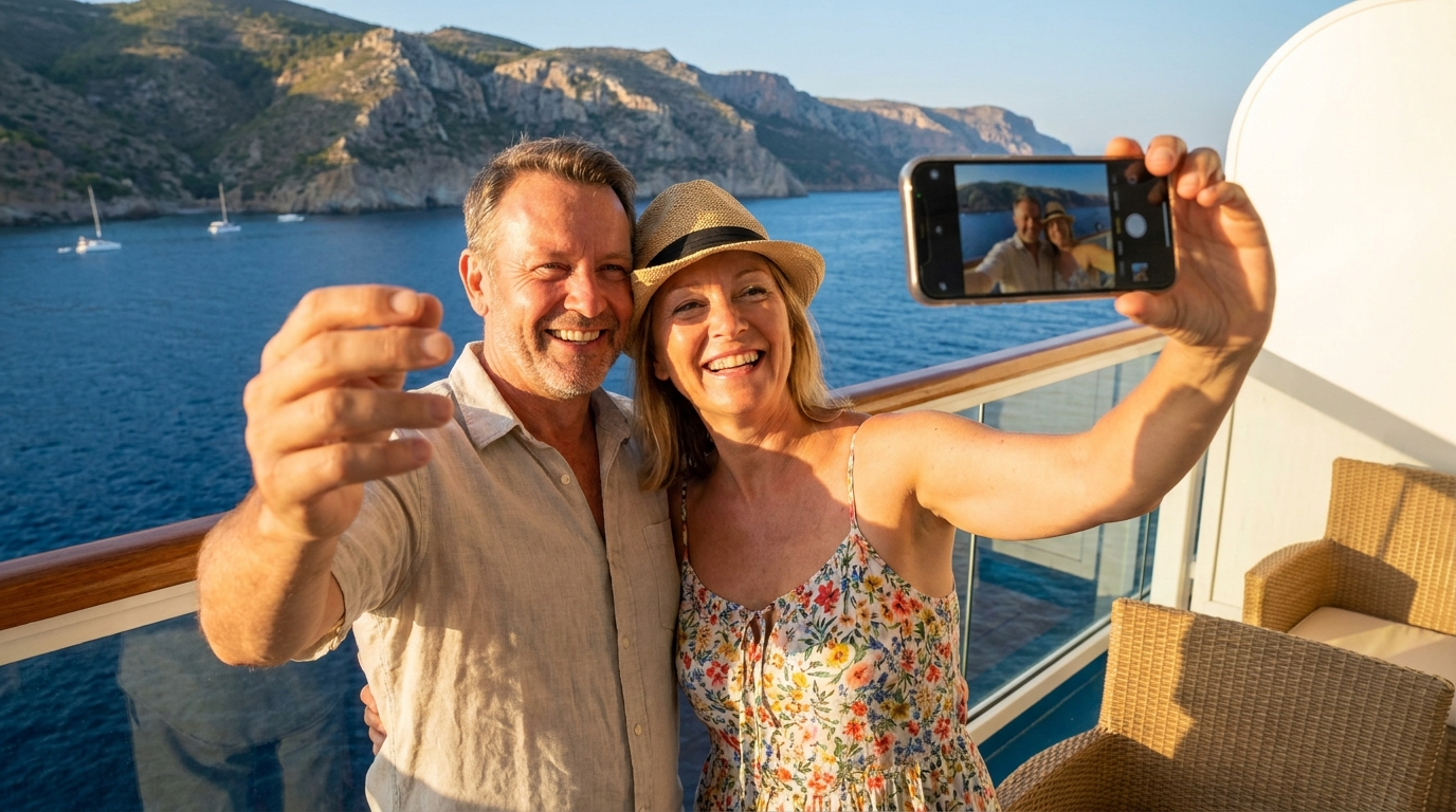 Couple taking a selfie on their cruise ship balcony with the Mediterranean Sea in the background
