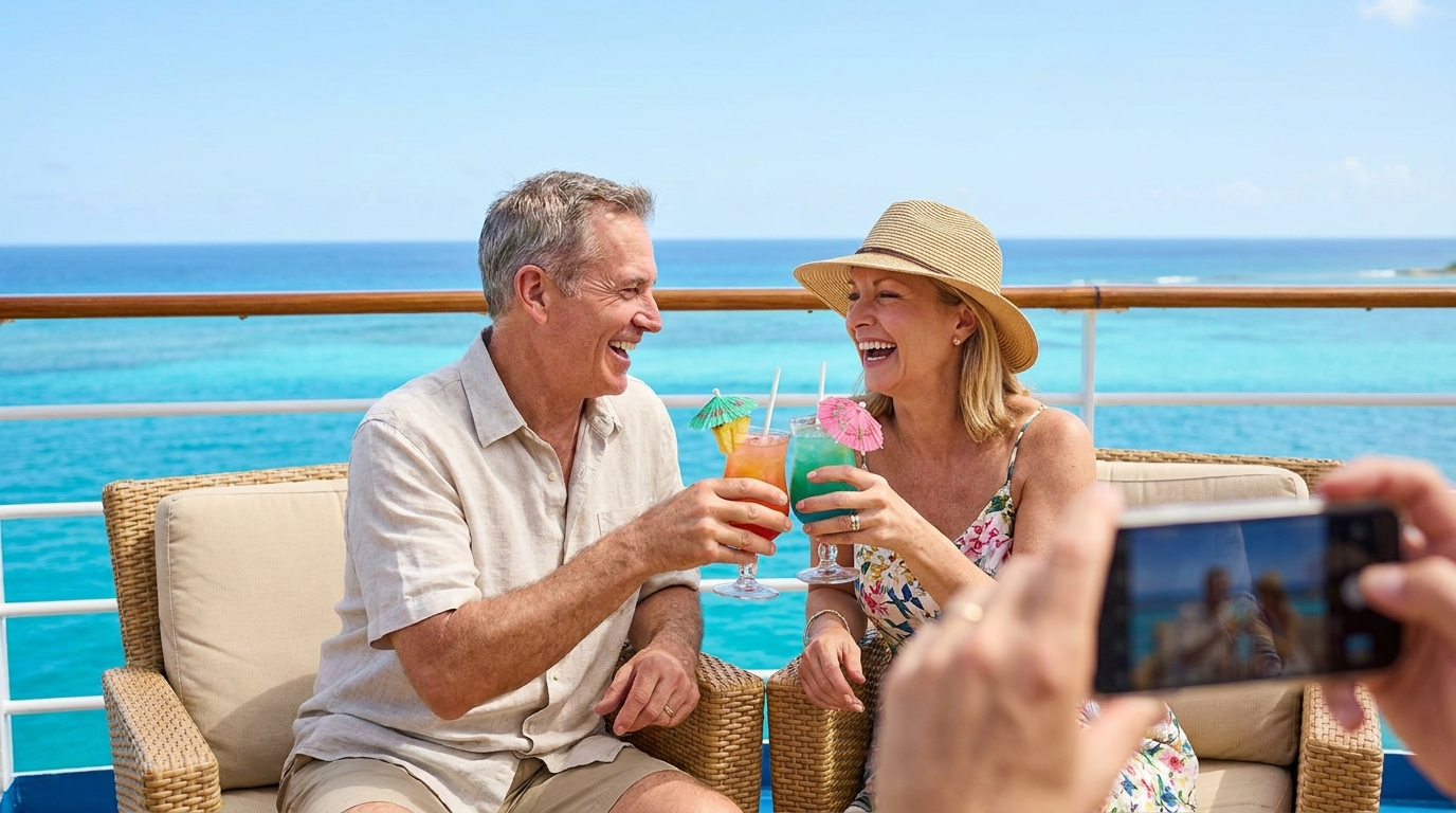 Couple enjoying drinks and laughing together on a cruise ship deck in the Caribbean