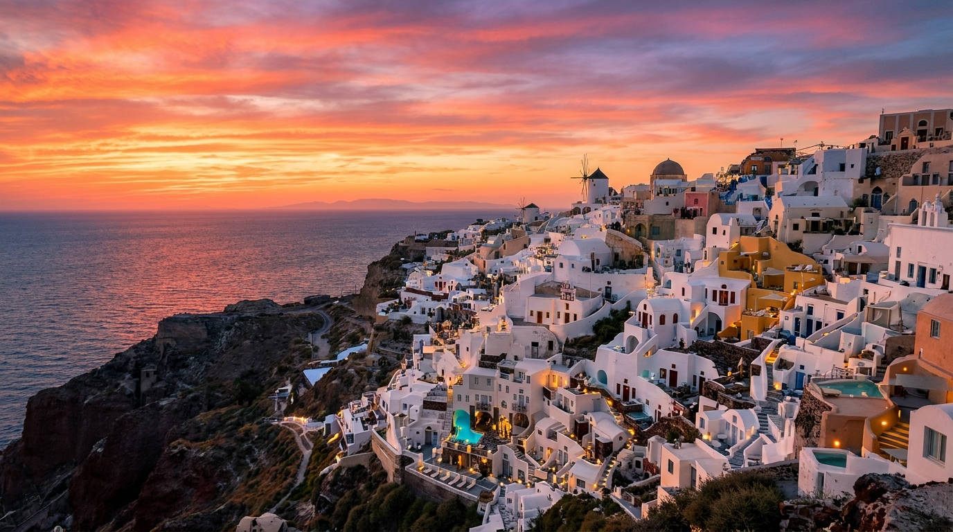 Oia, Santorini at golden hour — destination expertly planned by Adler Travel, luxury travel agents in Hamden, Connecticut