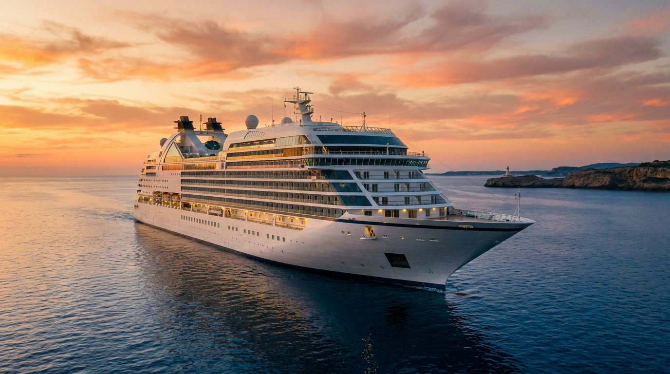 Majestic luxury cruise ship sailing through calm deep blue Mediterranean waters at golden hour, amber sky reflecting on polished white hull