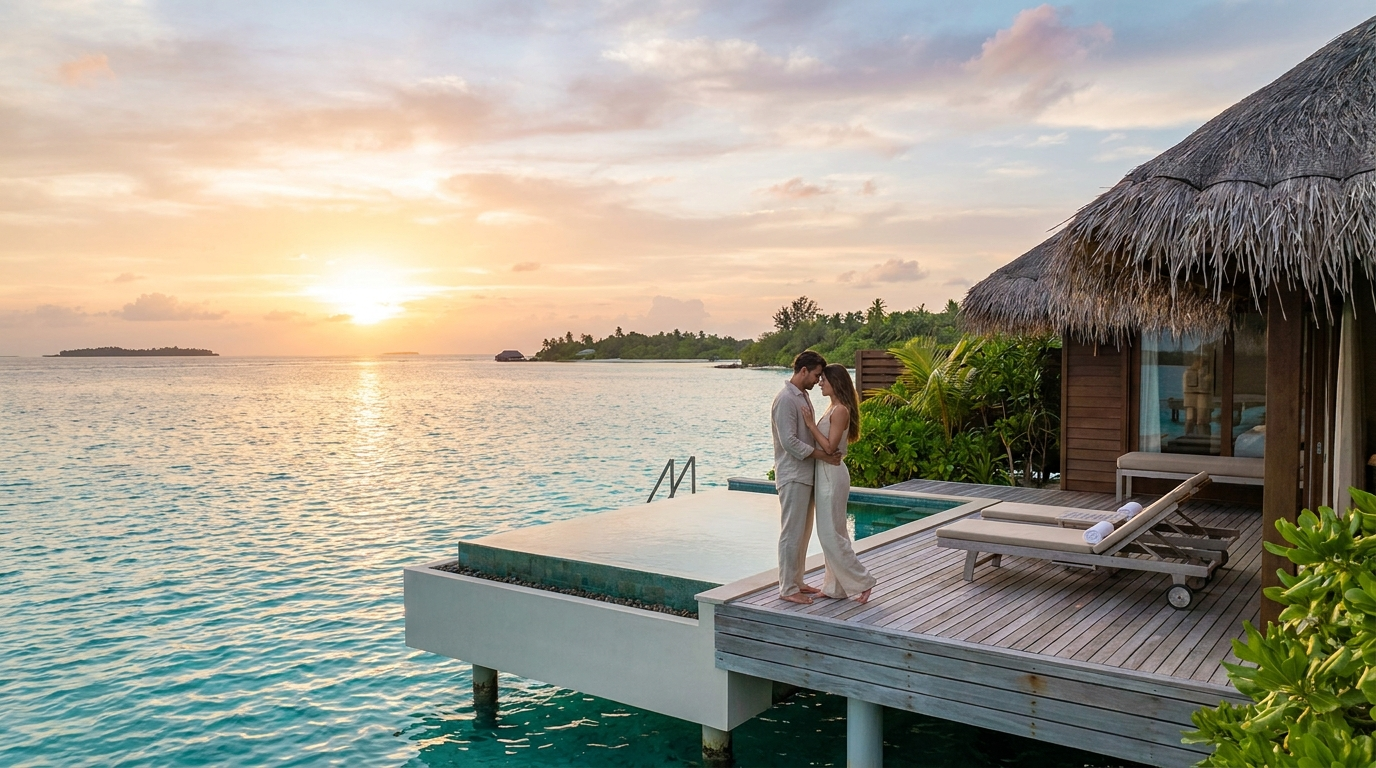 Couple on a private overwater bungalow deck in the Maldives at sunset