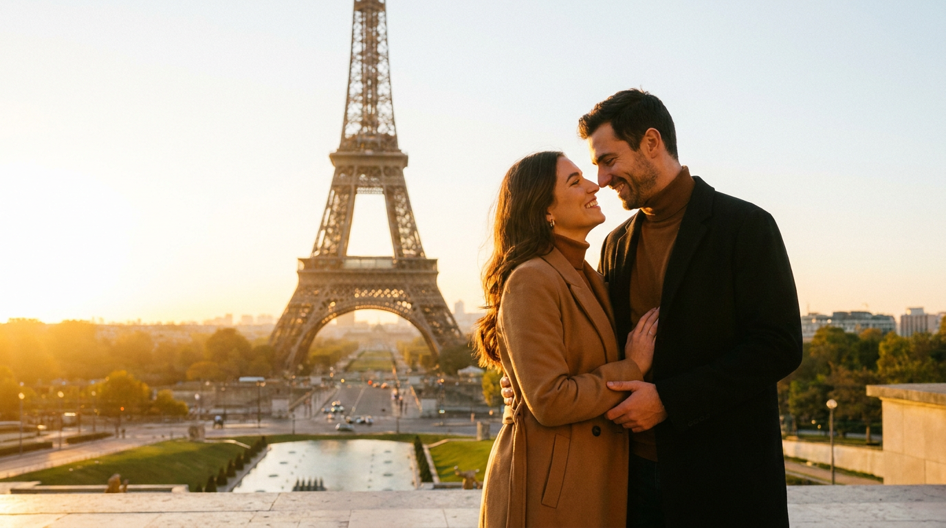 Couple celebrating their honeymoon in Paris, France