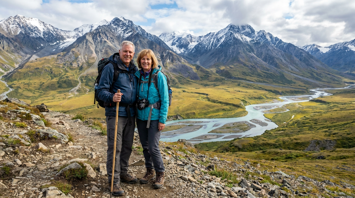 Couple hiking in Alaska with snow-capped peaks and a turquoise river valley