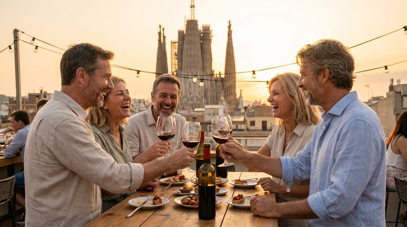 Group of couples enjoying tapas and wine at a rooftop terrace in Barcelona with the Sagrada Familia in the background