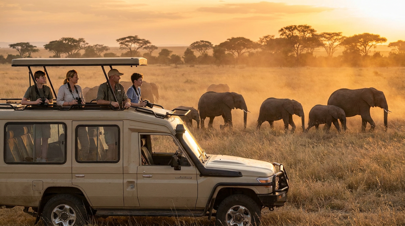 Family on a safari jeep in Kenya watching elephants at golden hour