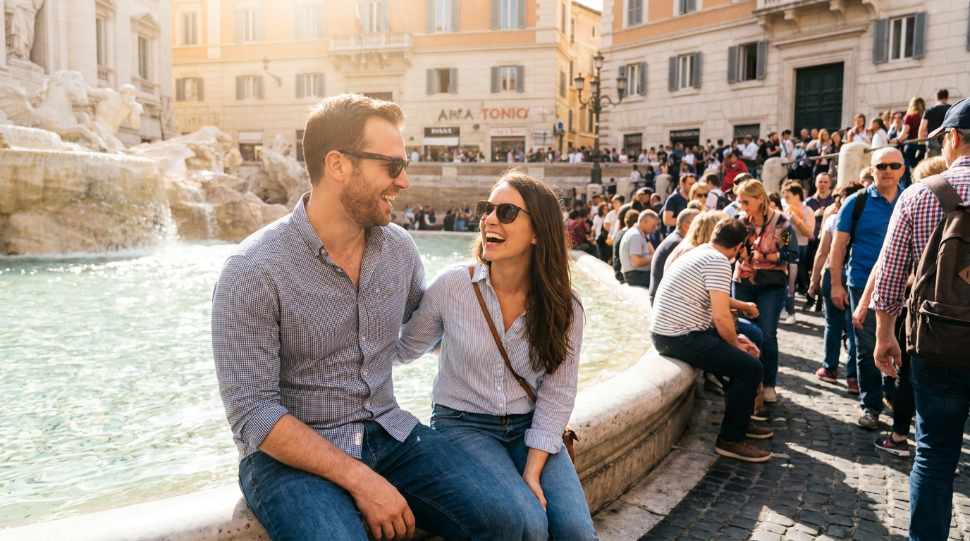 Couple laughing together at the Trevi Fountain in Rome, Italy