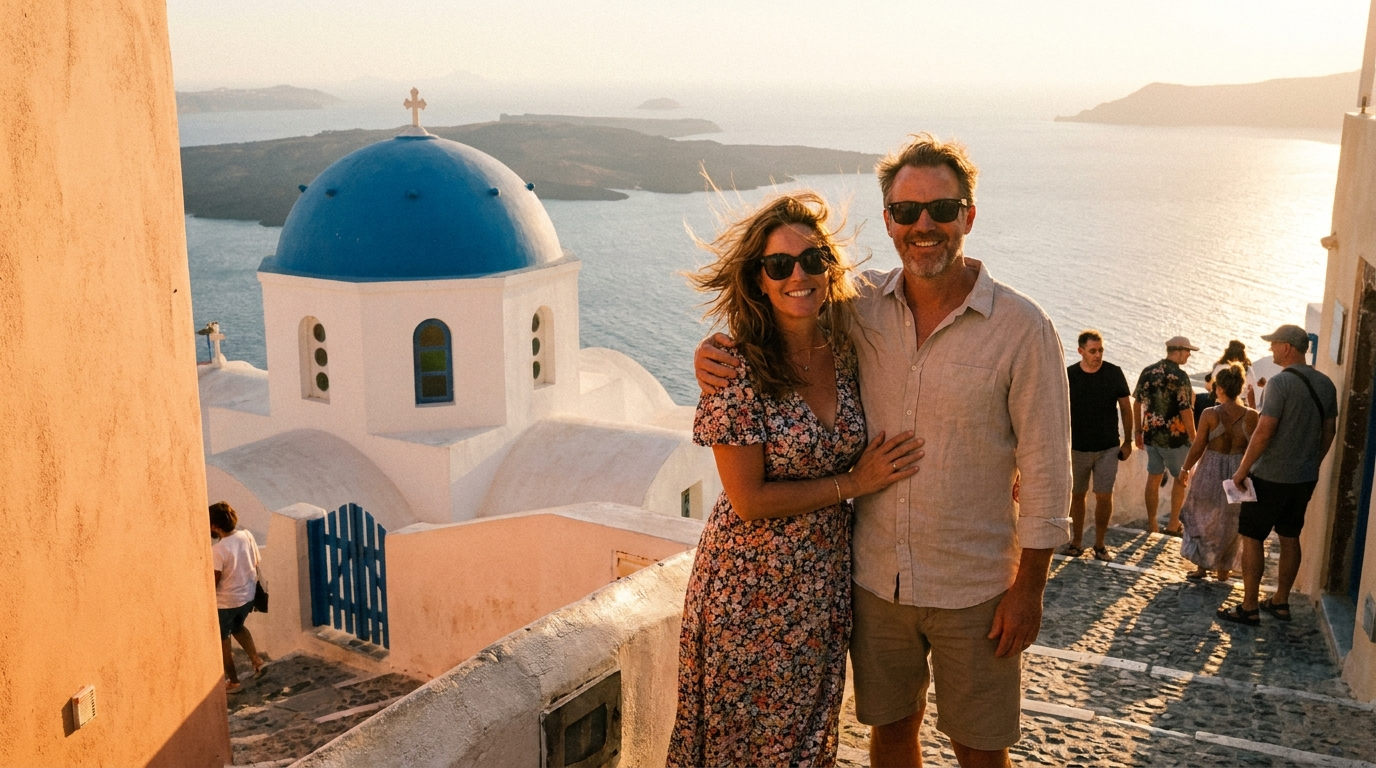 Couple at the blue-domed church in Oia, Santorini with the Aegean Sea behind them