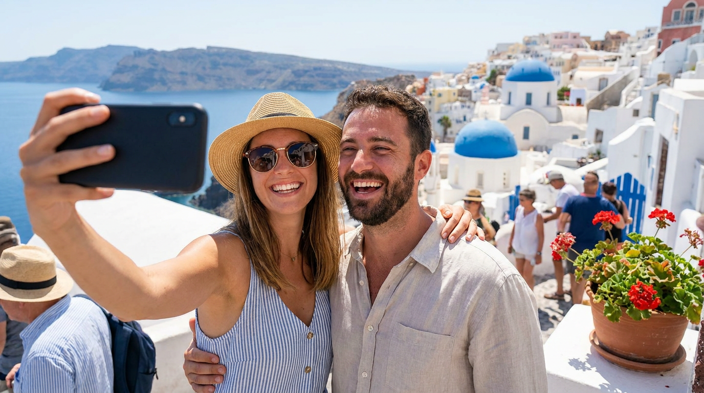 Couple taking a selfie in Santorini Greece with blue domes and caldera views behind them
